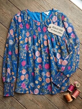 Womens Terra & Sky Floral Long Sleeve Blouse 1X Pink Teal Blue